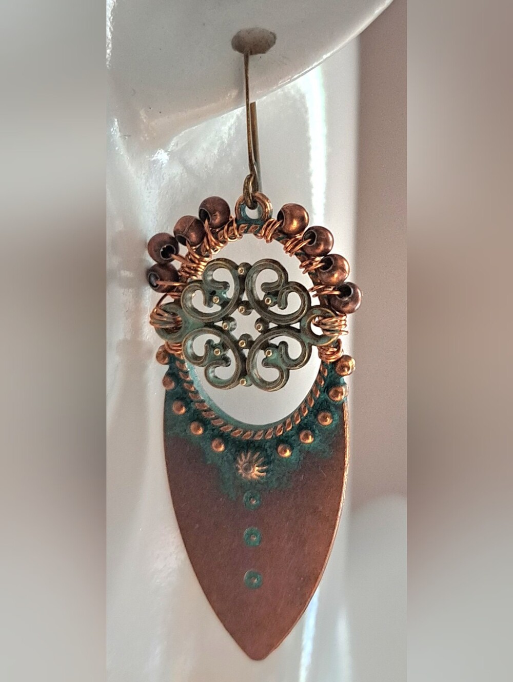 Turquoise Patina Bronze, Beaded & Wire Wrap Boho Drop Earrings, Sturdy Ear Hooks